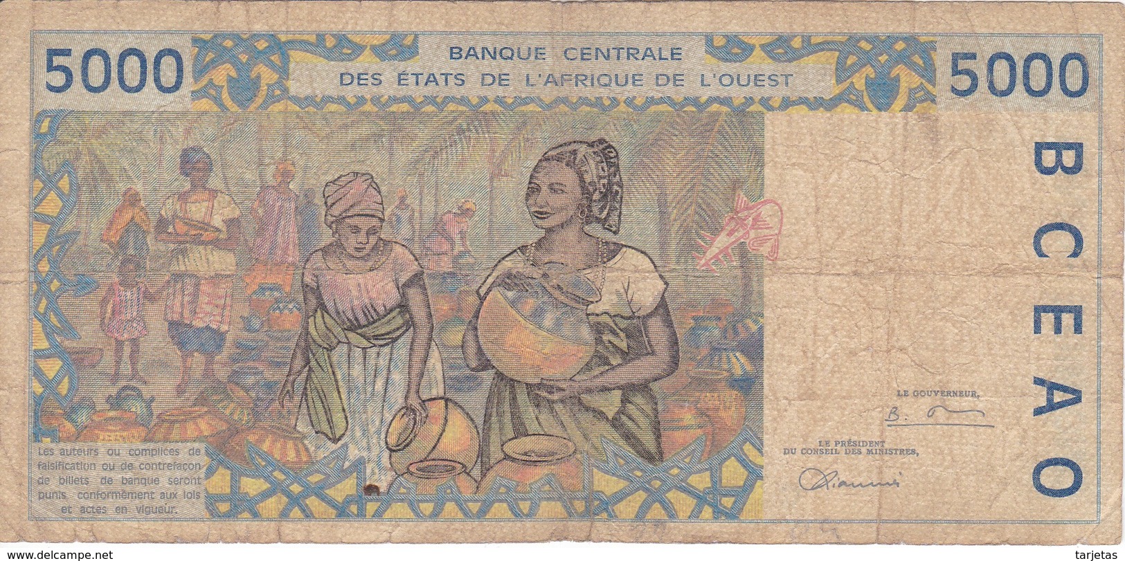 BILLETE DE BURKINA FASO DE 5000 FRANCS DEL AÑO 2002  (BANKNOTE) Rotura Parte Inferior - Burkina Faso
