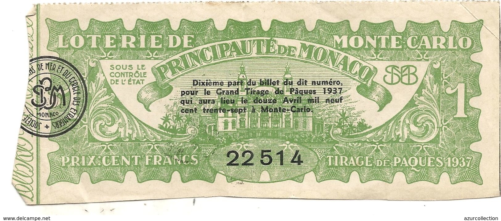 LOTERIE DE MONTE CARLO. 1937 - Billets De Loterie