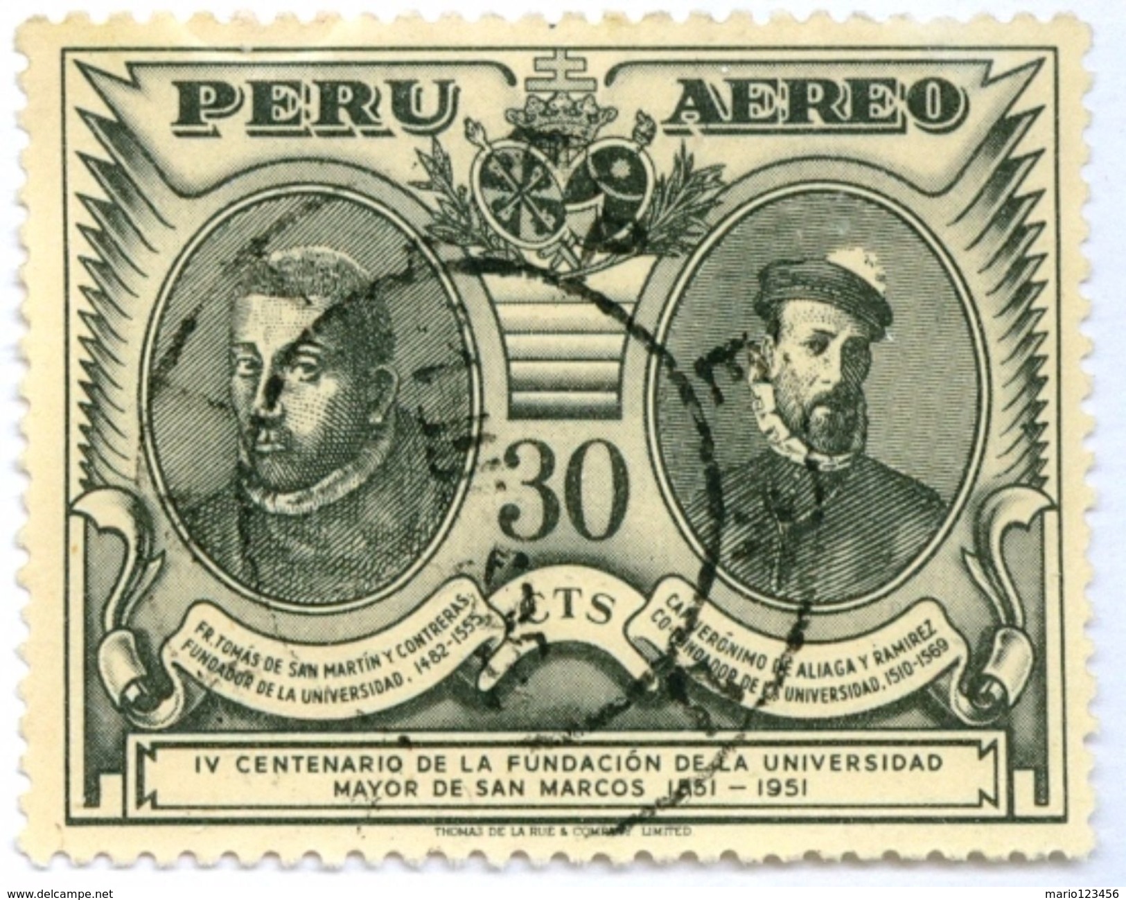 PERU, POSTA AEREA, AIRMAIL, COMMEMORATIVO, SAN MARCOS UNIVERSITA, 1951, FRANCOBOLLI USATI Yvert Tellier PA98  Scott C109 - Peru