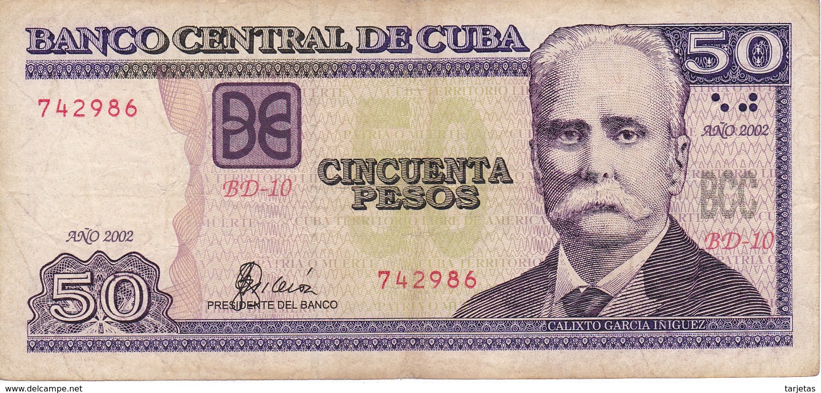 BILLETE DE CUBA DE 50 PESOS DEL AÑO 2002 DE CALIXTO GARCIA  (BANKNOTE) - Cuba