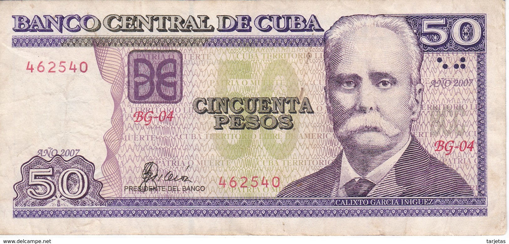 BILLETE DE CUBA DE 50 PESOS DEL AÑO 2007 DE CALIXTO GARCIA  (BANKNOTE) - Cuba