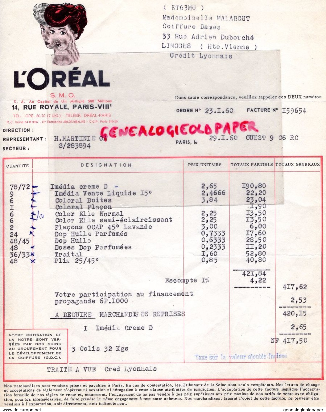 75- PARIS- FACTURE L' OREAL- 14 RUE ROYALE- PARFUMERIE PRODUITS BEAUTE-1960 PARFUM - MLLE MALABOUT COIFFURE LIMOGES - Chemist's (drugstore) & Perfumery