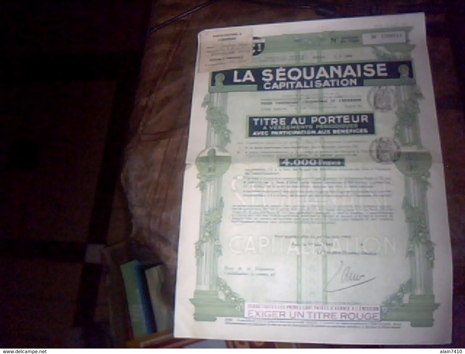 Titre Au Porteur  De 4.000 Francs La Sequanaise De Capitalisation Aout 1941 - S - V