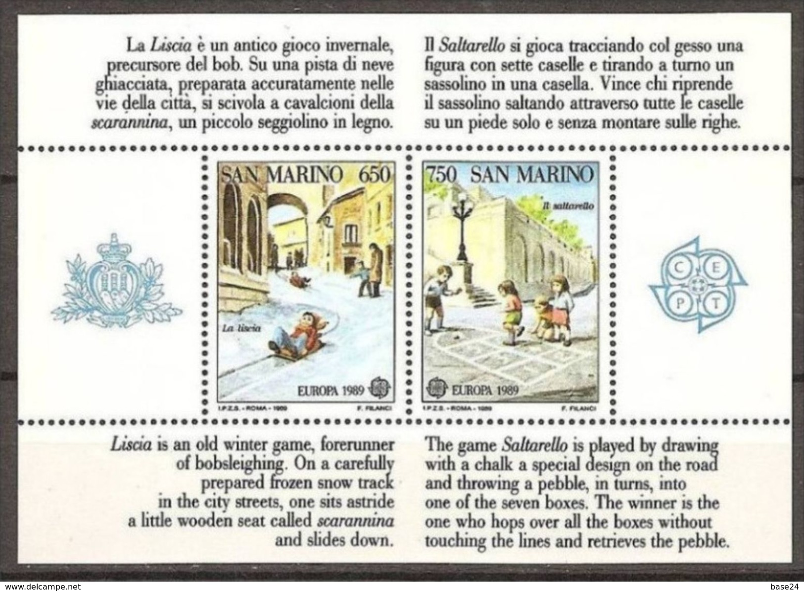 1989 San Marino Saint Marin EUROPA CEPT EUROPE Foglietto Di 2v. MNH** Souv. Sheet - Altri & Non Classificati