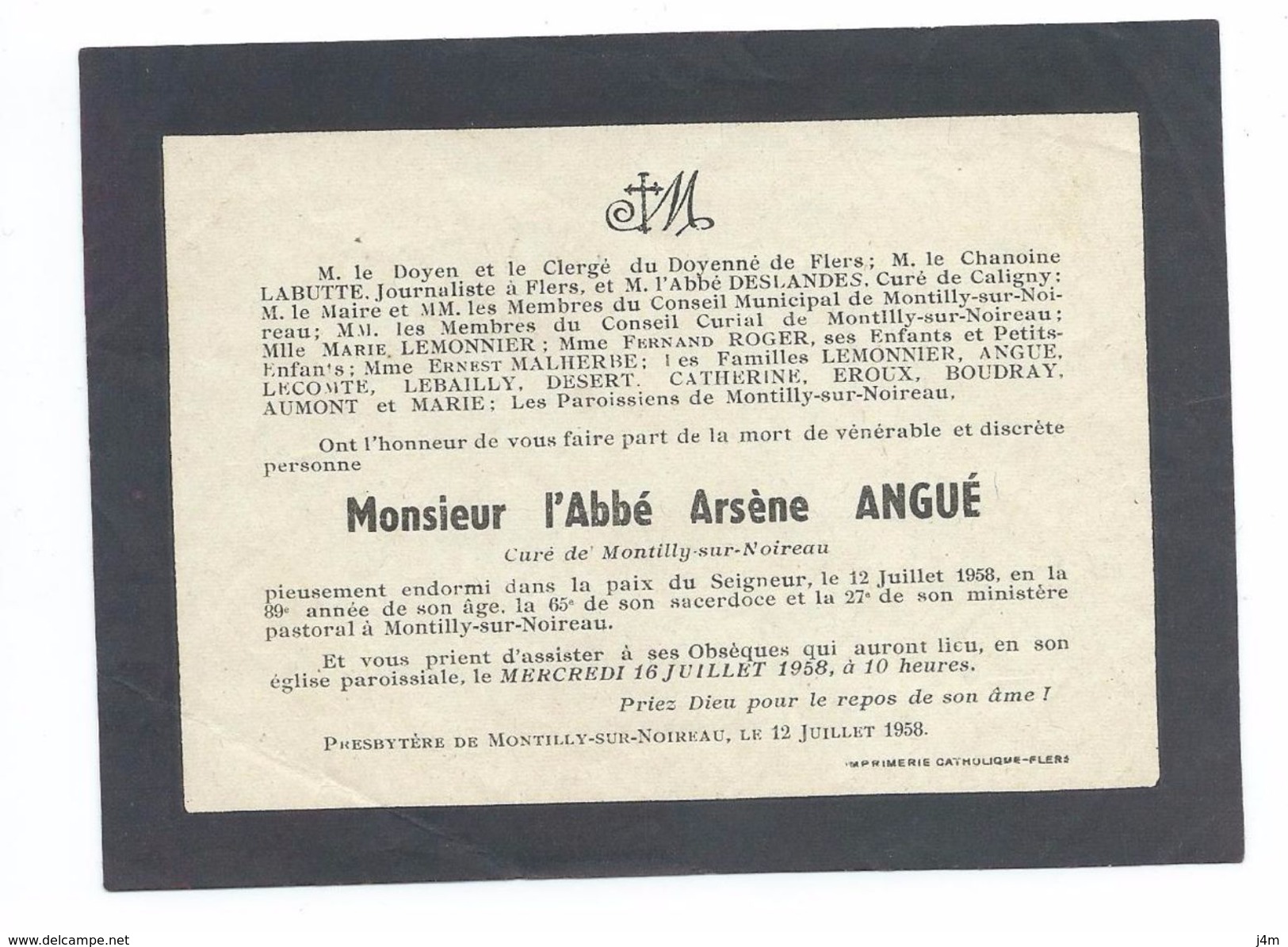 FAIRE-PART AVIS De DECES MEMENTO..Abbé Arsène ANGUE, Curé De MONTILLY Sur NOIREAU (61) En 1958 à L'âge De 89 Ans - Décès