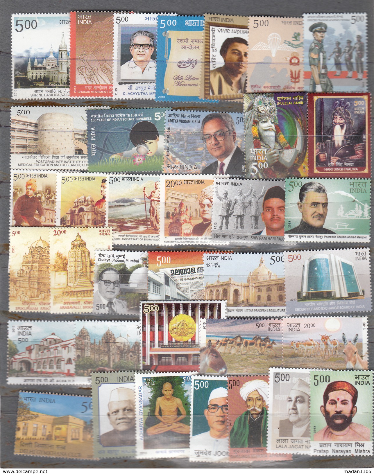 INDIA, 2013 (5 SCANS) Complete YEAR, (Incl 2 Issued Only As MS + 6 Sheets  Cinema, (122 Stamps), MNH, (**) - Neufs