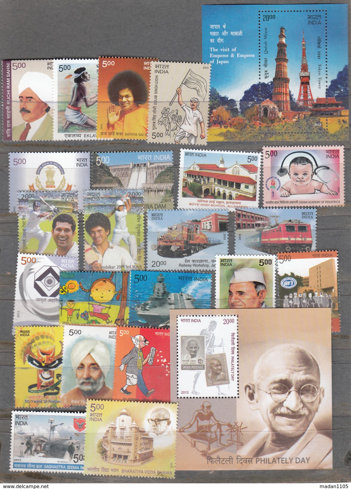 INDIA, 2013 (5 SCANS) Complete YEAR, (Incl 2 Issued Only As MS + 6 Sheets  Cinema, (122 Stamps), MNH, (**) - Unused Stamps