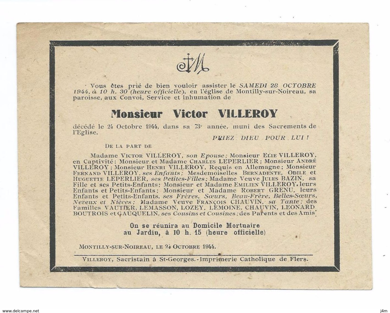 FAIRE-PART AVIS De DECES MEMENTO..Victor VILLEROY, Décédé à MONTILLY Sur NOIREAU (61) En 1944 à 73 Ans - Décès