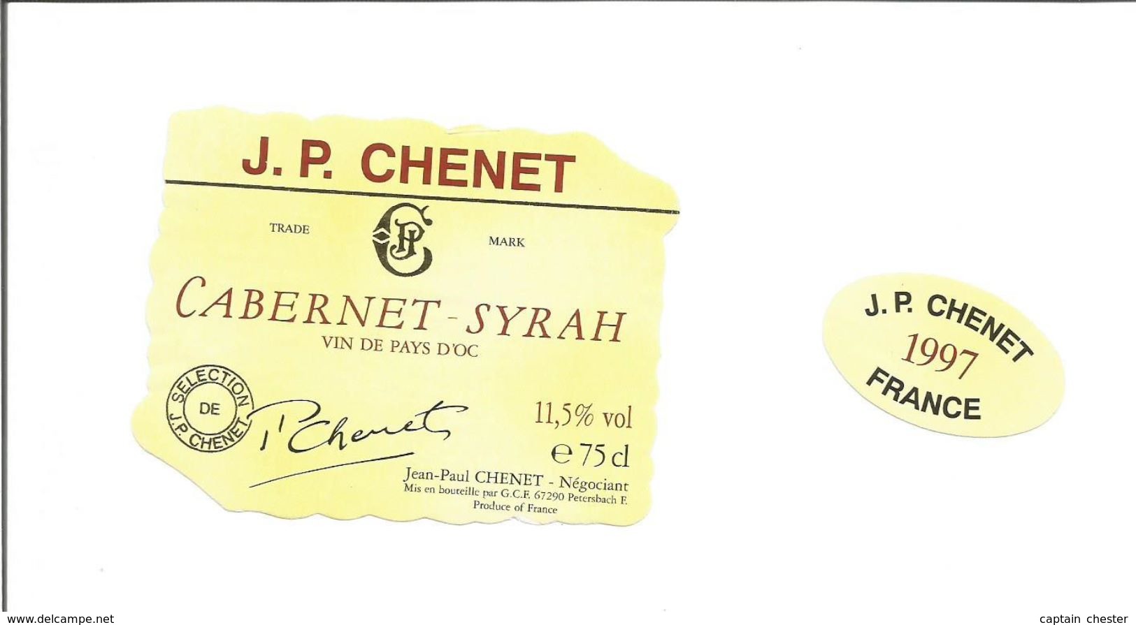 Etiquette De VIN DE FRANCE " Cabernet Syrah - J.P. CHENET 1997 " - Etichette Di Forma Insolita