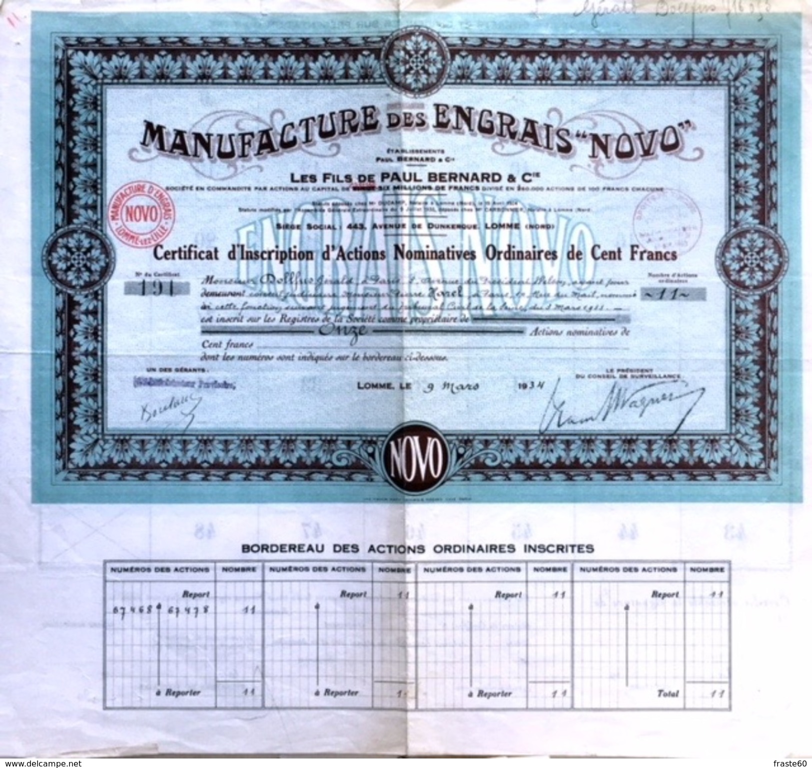 Lot De 4  Actions Nominatives Ordinaires De Cent Francs"Manufacture Des Engrais "Novo" " - Agriculture