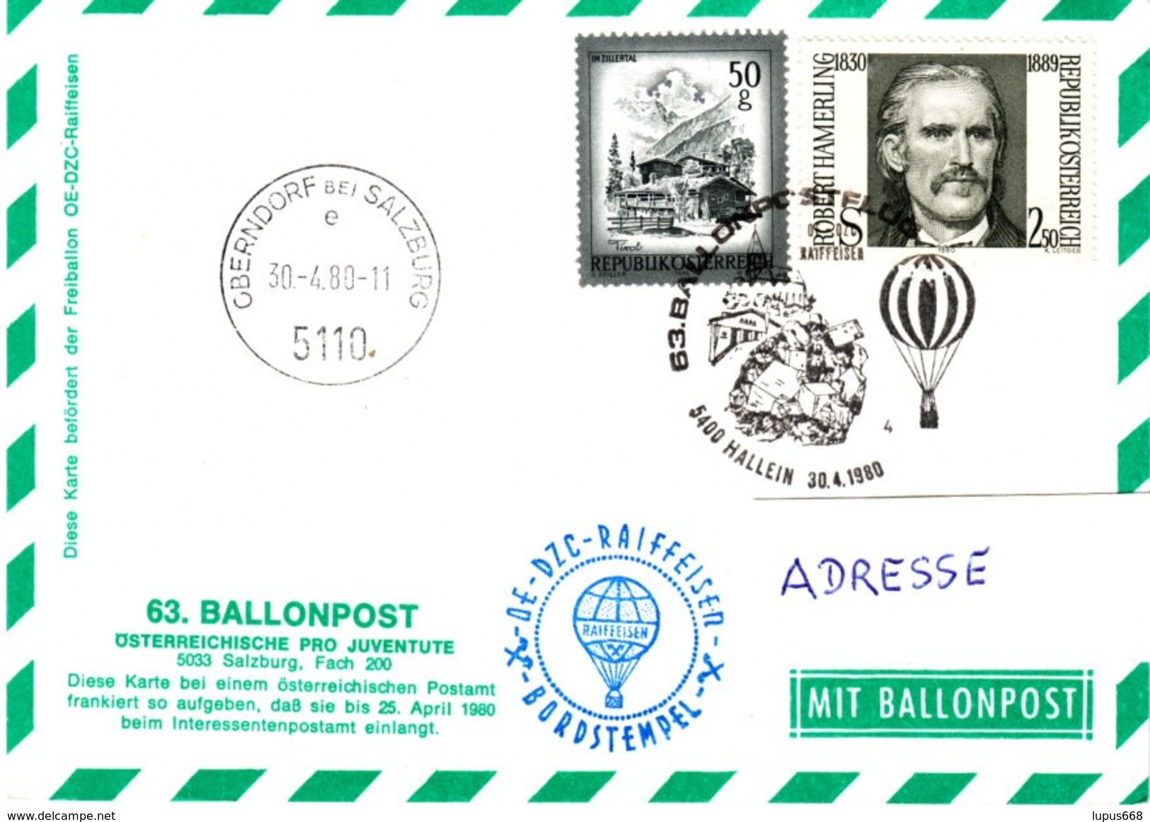 Österreich 1980 Ballonpost 5400 HALLEIN , Bordstempel OE- DZC Raiffeisen - Par Ballon