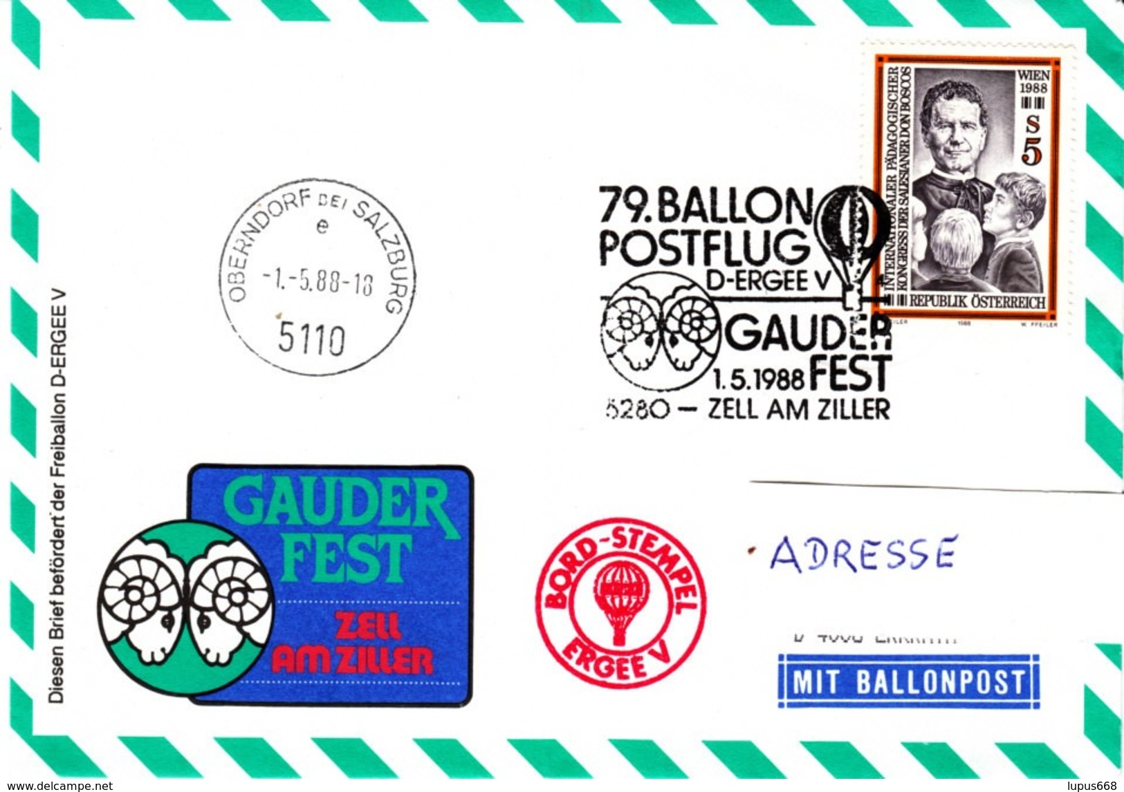 Österreich 1988 Ballonpost 6280 ZELL AM ZILLER , Bordstempel ERGEE V - Balloon Covers