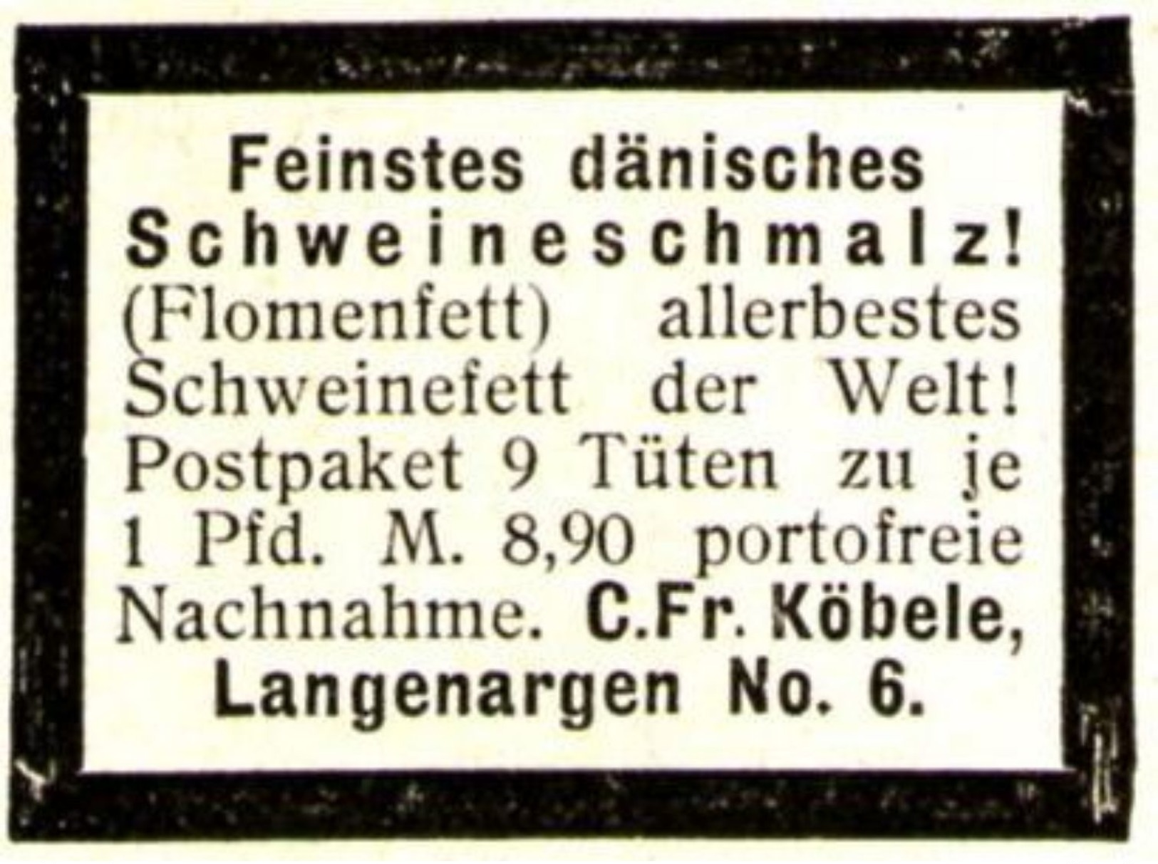 Original-Werbung/ Anzeige 1924 - DÄNISCHES SCHWEINESCHMALZ (FLOMENFETT) / KÖBELE - LANGENARGEN  - Ca. 30 X 25 Mm - Werbung