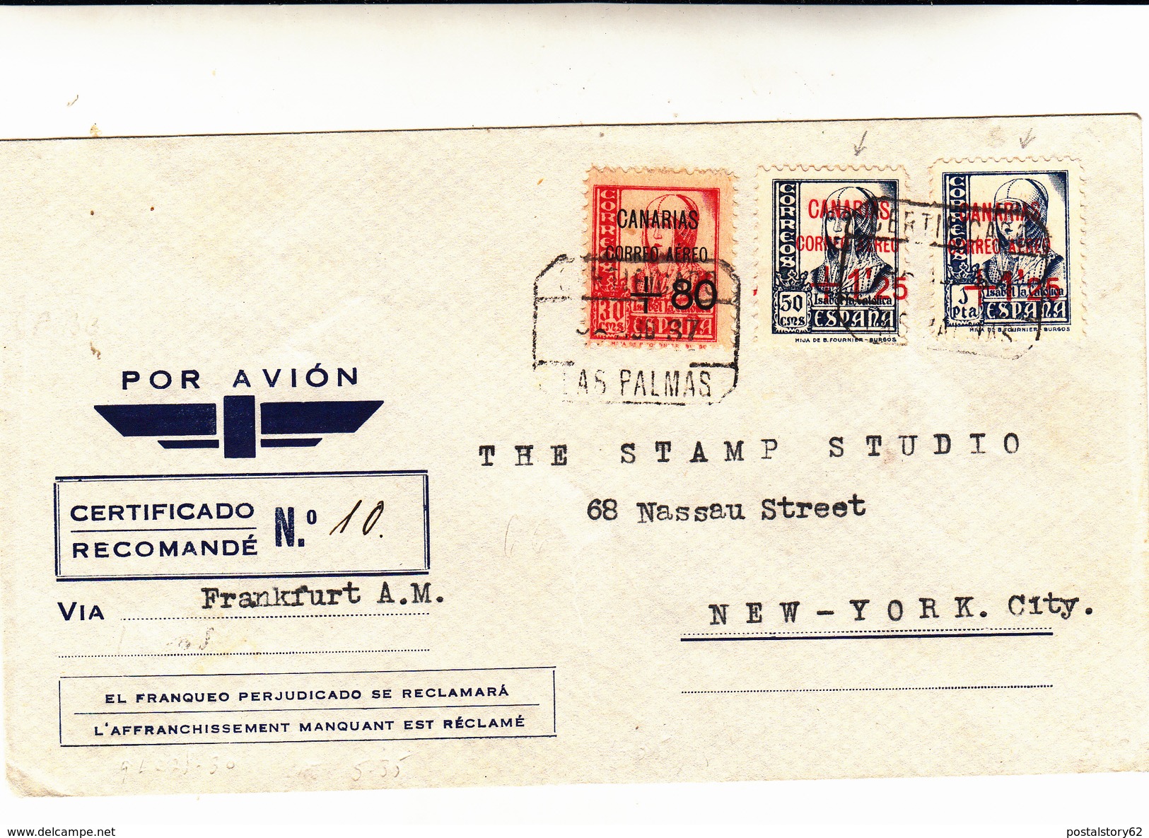 Las Palmas To New York City. Cover Raccomandata Via Frankfurt 1937 - Storia Postale