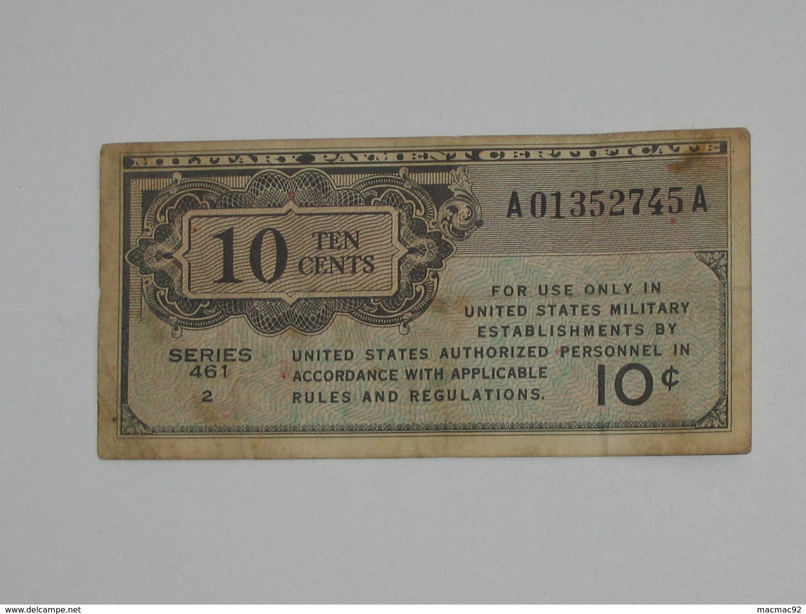 10 Ten Cents - Série 461  - Military Payment Certificate 1946    **** EN ACHAT IMMEDIAT ****  Billet Assez Rare !! - 1946 - Reeksen 461