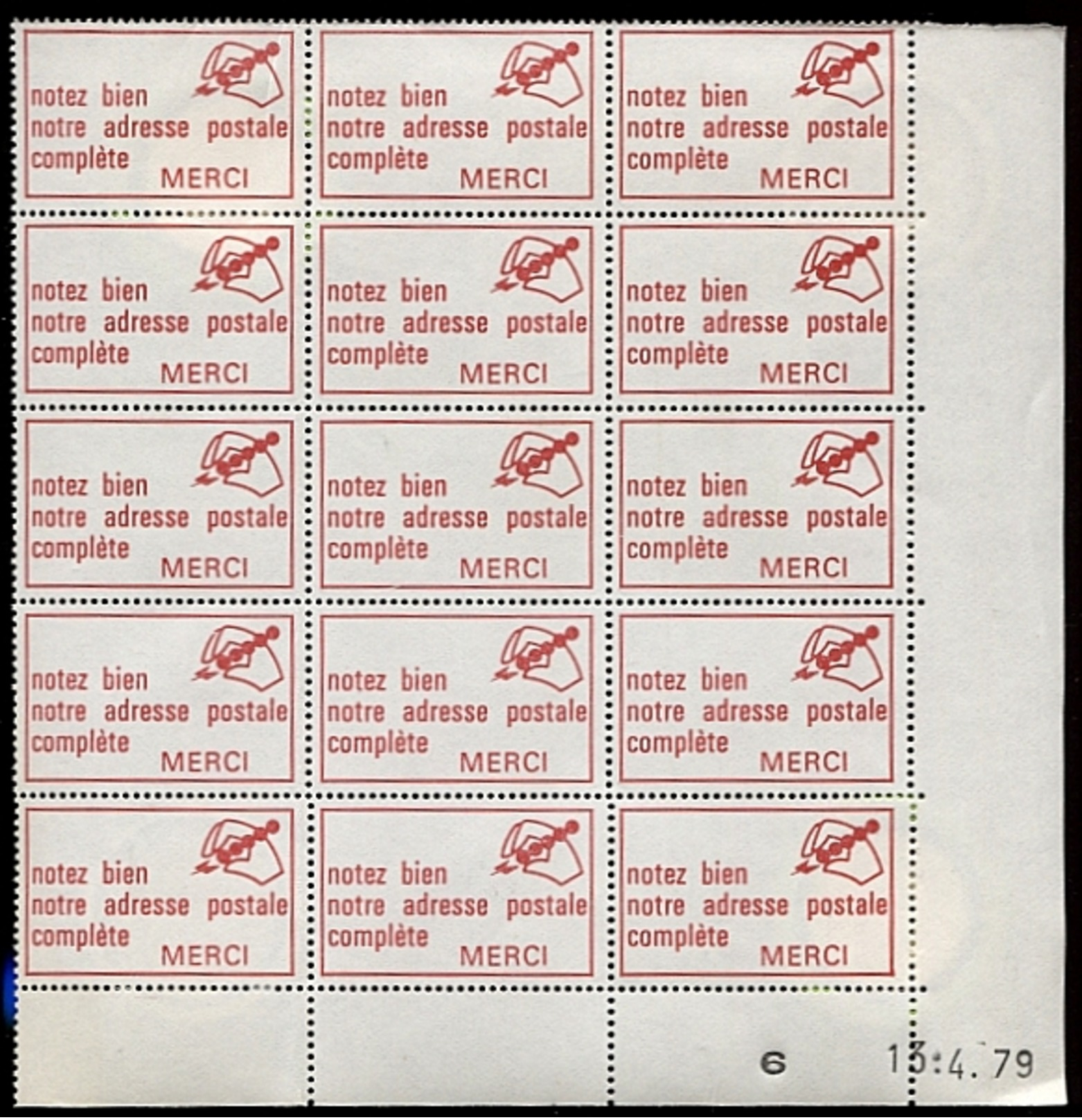 Bloc De 15 Vignettes Code Postal  Avec Gomme Intacte 1979 - Code Postal