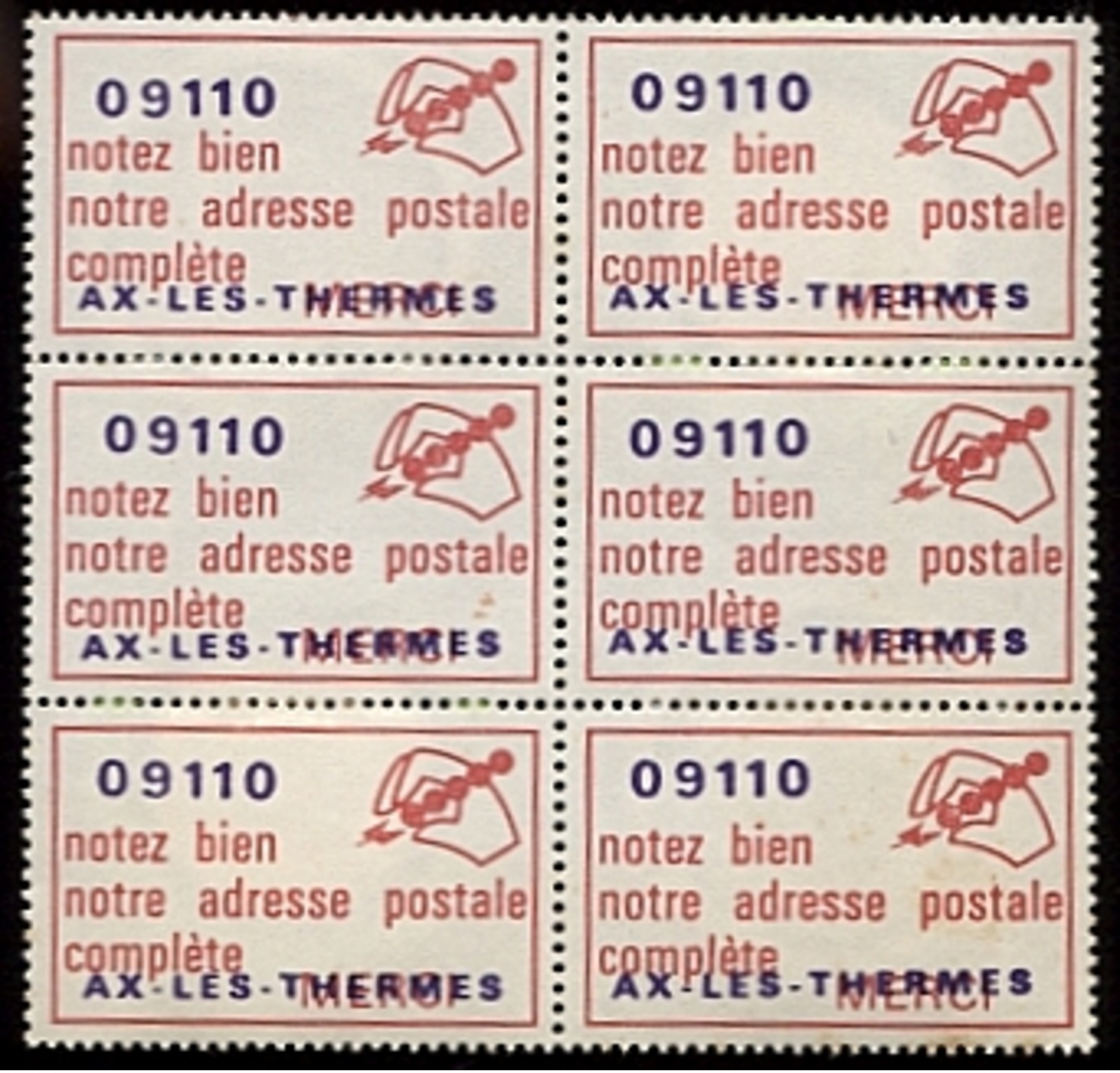 Bloc De 6 Vignettes Code Postal Surchargées 09110 Ax Les Thermes - Zipcode