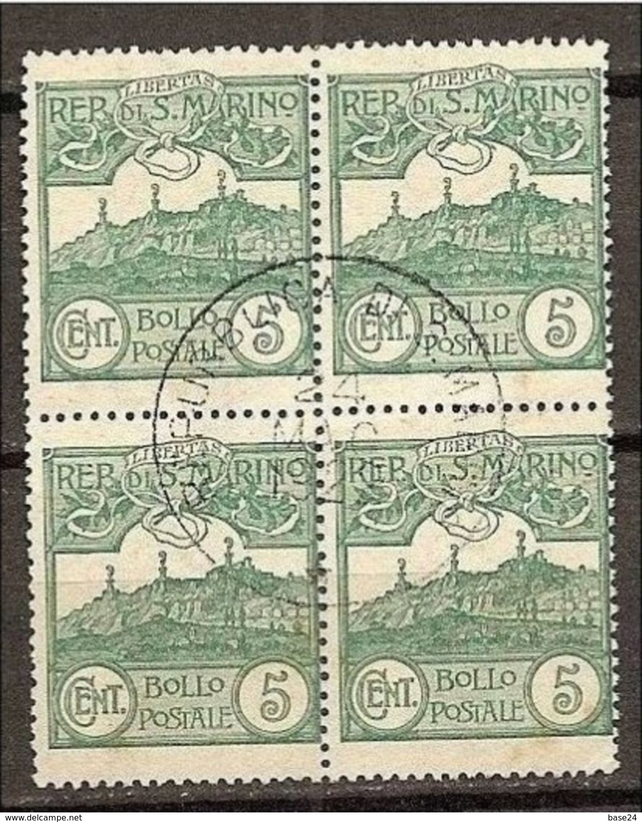 1903 San Marino Saint Marin CIFRA O VEDUTA 5c Verde (35) In QUARTINA Usata USED Bl.4 - Used Stamps