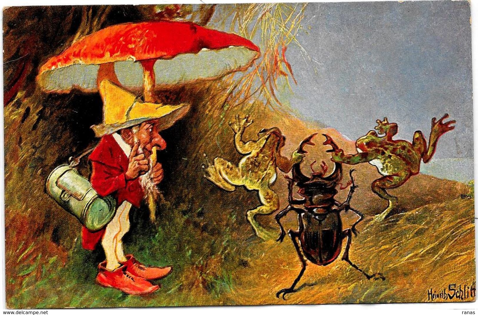 CPA Gnome Nain Lutin Type Thièle Série 215 éditeur HKCM SCHLITT Non Circulé Champignon Mushroom Grenouille Frog - Altri & Non Classificati