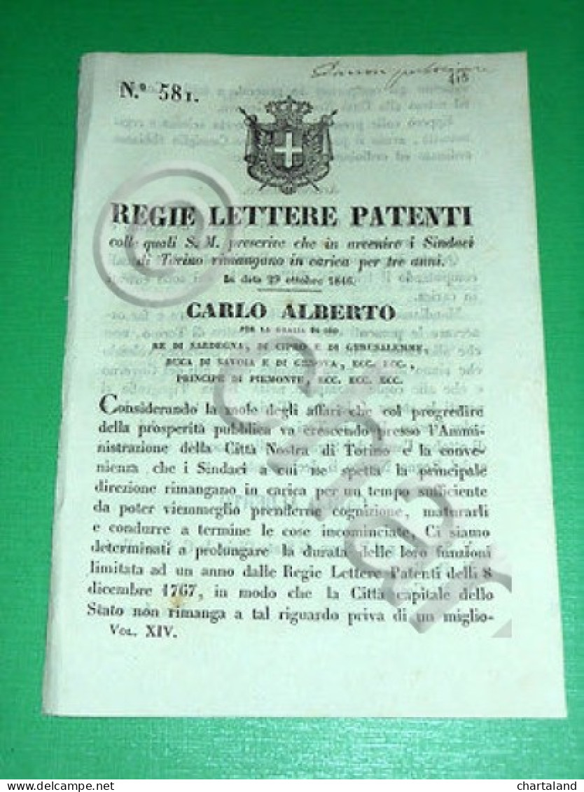 Decreto Regno Sardegna Torino Regie Patenti Carica Sindaci Di Torino 1846 - Unclassified