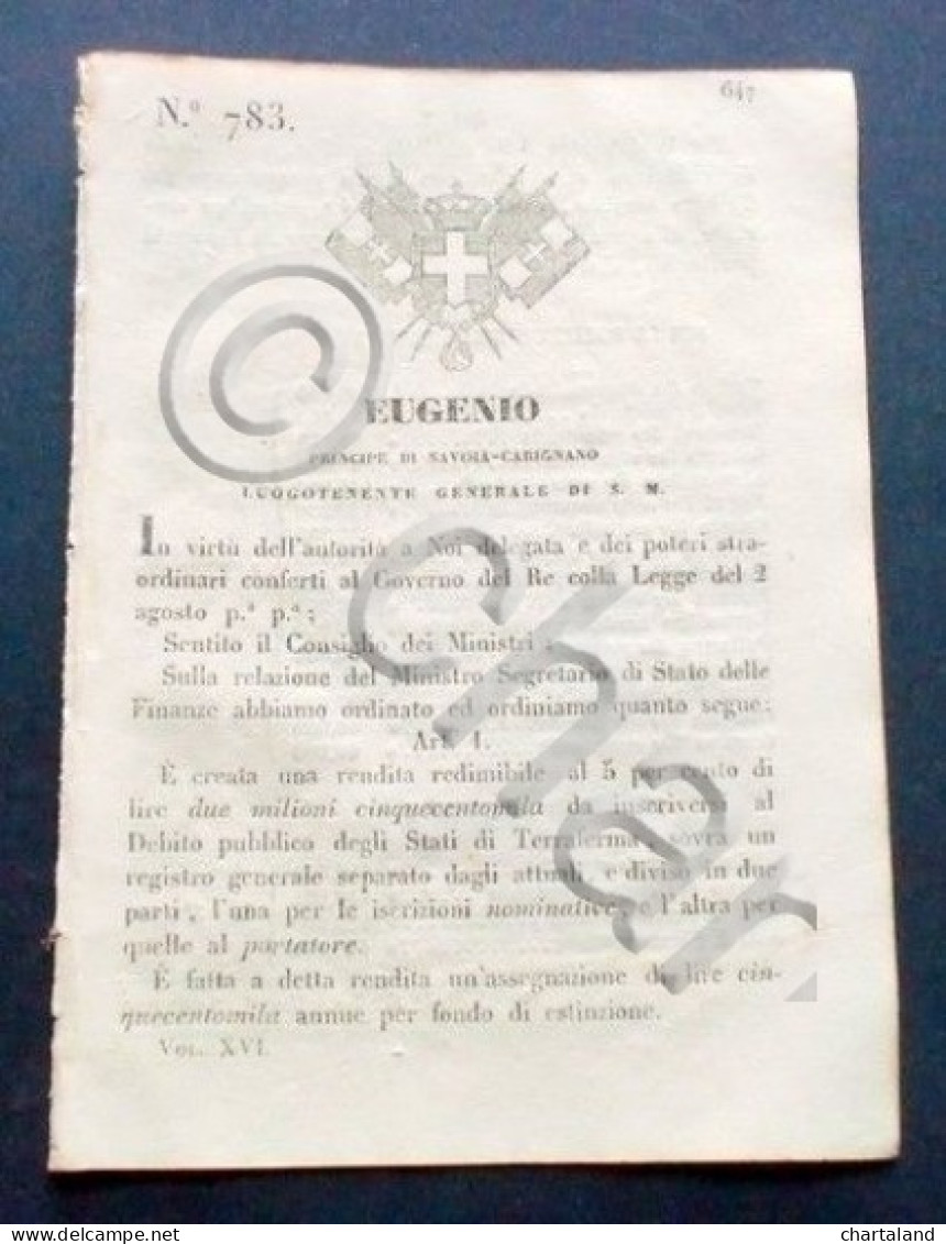 Decreto Eugenio - Debito Pubblico Degli Stati Di Terraferma - 1848 - Zonder Classificatie