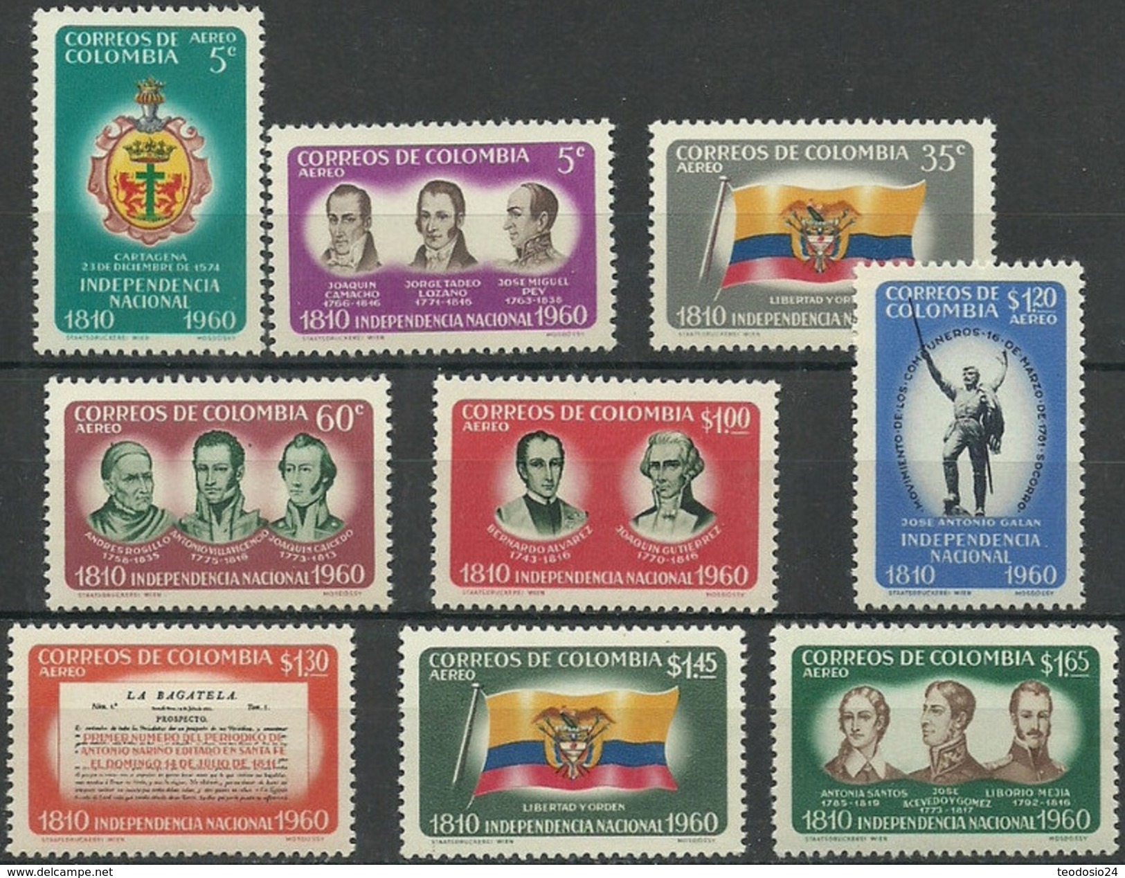 COLOMBIA 1960 YT  365 A 373 ** MNH CORREO AEREO Vc 10 Euros - Colombia