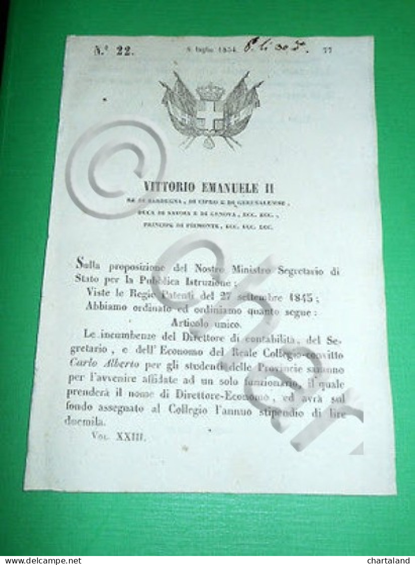 Decreti Regno Sardegna Torino Funzionario Di Direttore Economo 1854 - Non Classificati