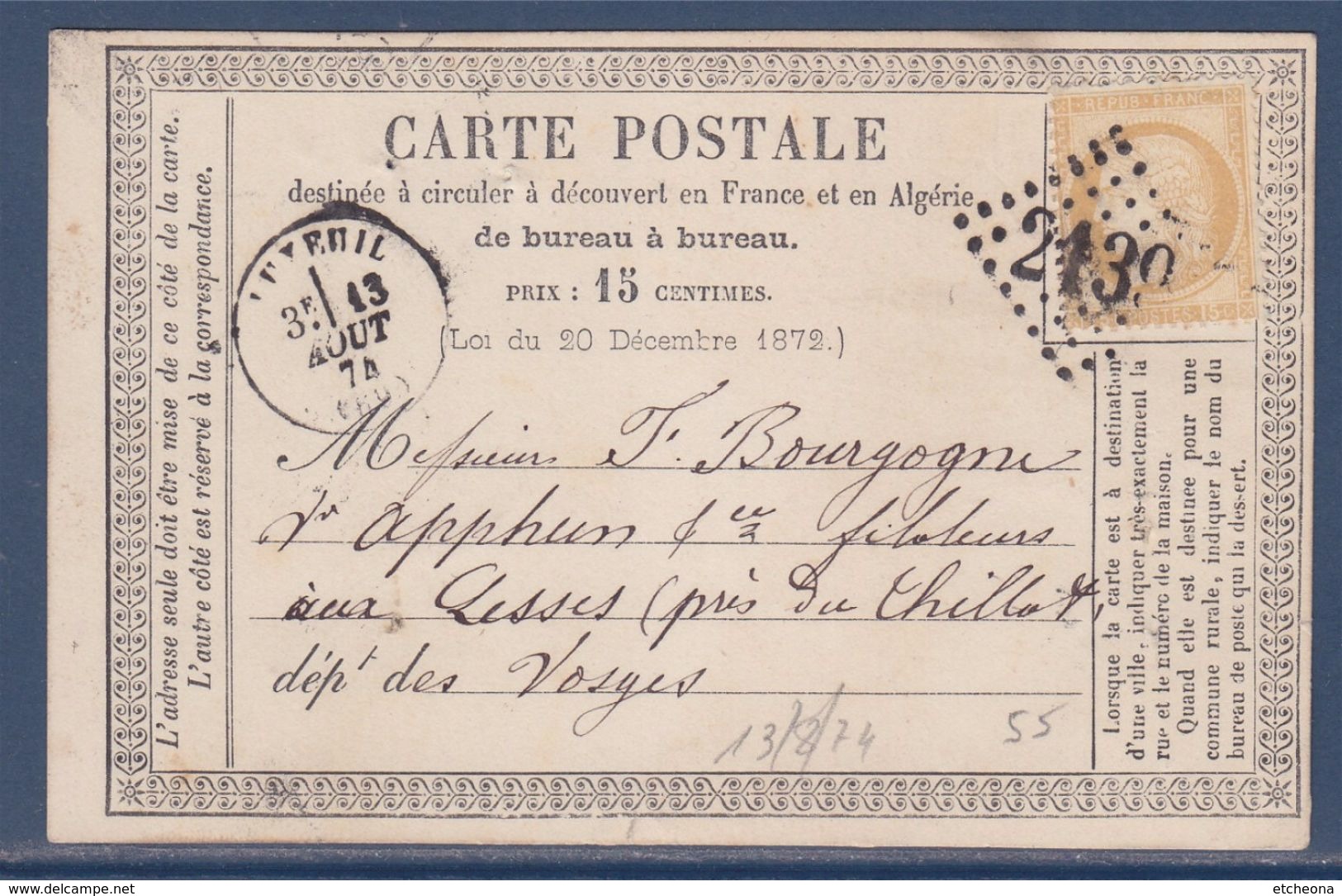 = Carte Postale Luxeuil à (Vosges) 13.8.1874 Type Cérès Dentelé III République N°55 Bistre 15c - 1849-1876: Période Classique