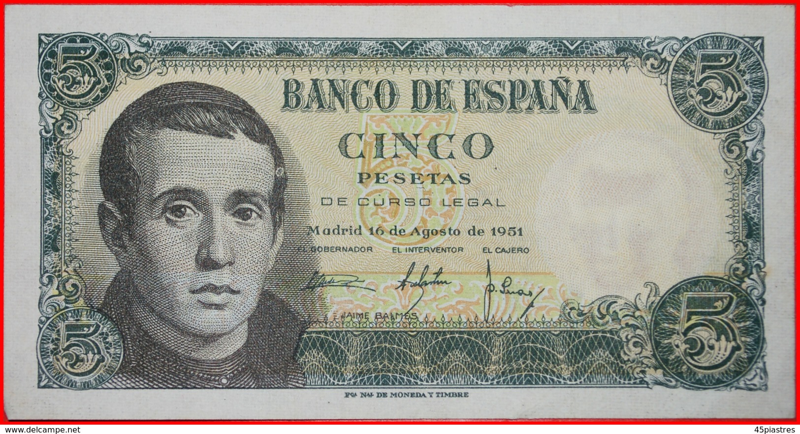 √ BALMES (1810-1848): SPAIN ★ 5 PESETAS 1951 CRISP! LOW START ★  NO RESERVE! Franco Regime (1936-1975) - 5 Pesetas