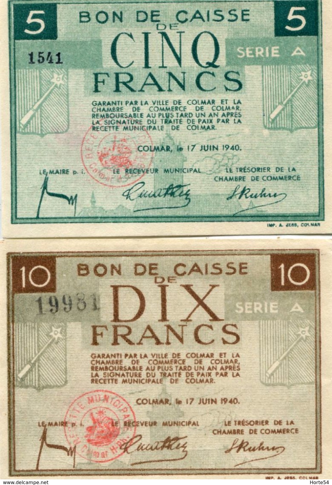 LOT DE 5 BILLETS BON DE CAISSE COLMAR 1940 - Buoni & Necessità