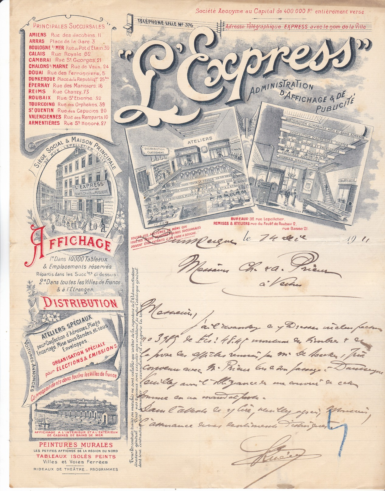 59 Lille - L'EXPRESS , Journal De Publicité, Siège 32 Rue Lepelletier à Lille, Lettre De 1911 ,très Très Décoré,Tb état - 1900 – 1949