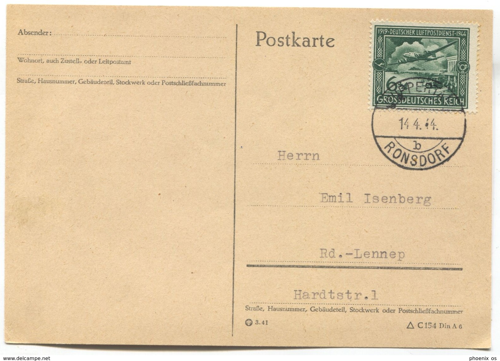 Germany WW2, Third Reich - Postkarte 1944. RONSDORF, Deutscher Luftpost - Briefe U. Dokumente