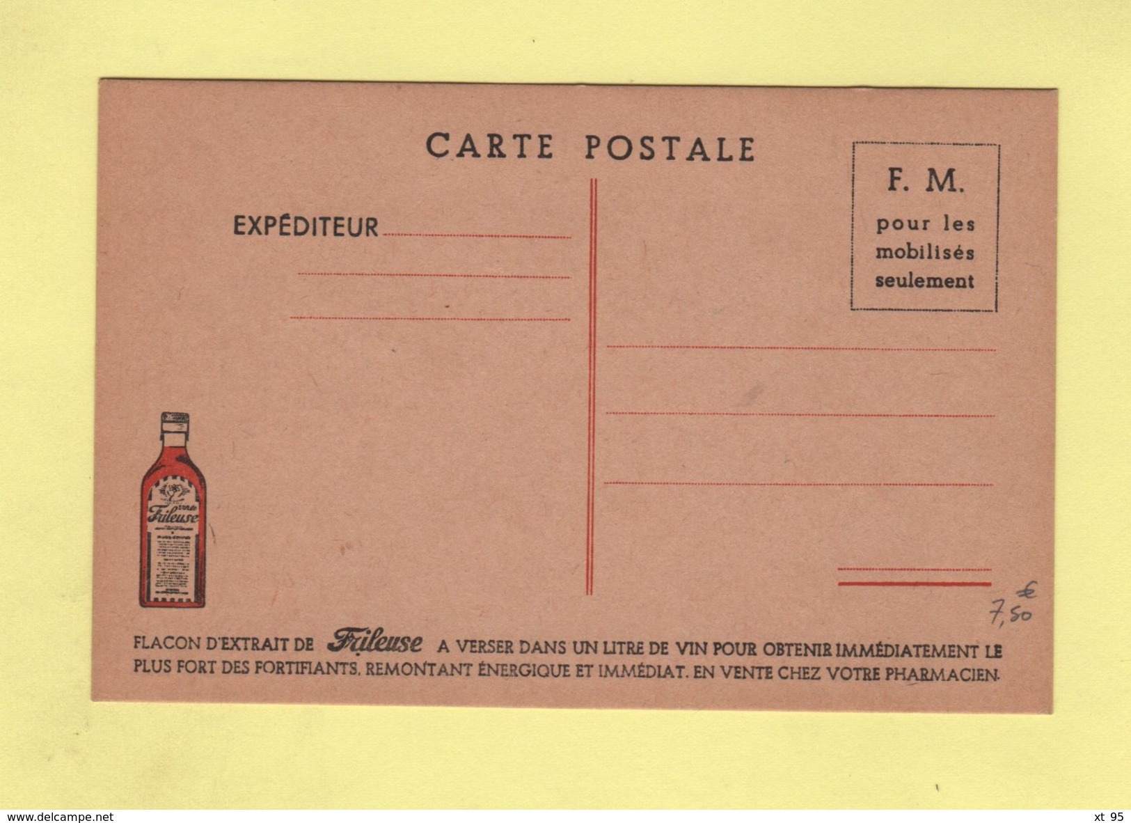 Carte FM - Flacon D Extrait De Frileuse à Verser Dans Un Litre De Vin - Storia Postale