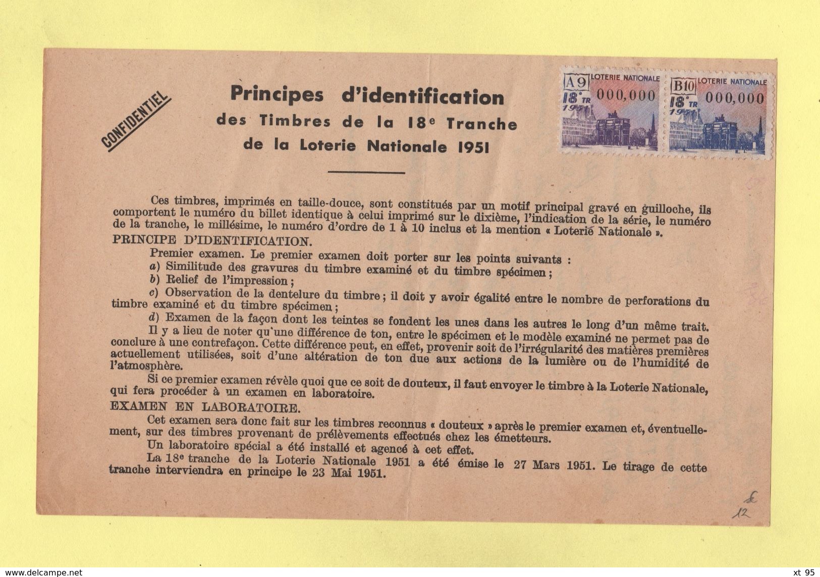 Document Confidentiel - Principes D'identification Des Timbres De La Loterie Nationale - 1951 - Autres & Non Classés