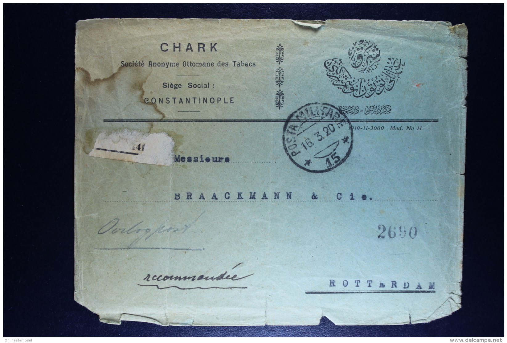 Italy: Registered Cover Constantinople  Rotterdam, Posta Militare 1920  Fragile - Europa- Und Asienämter