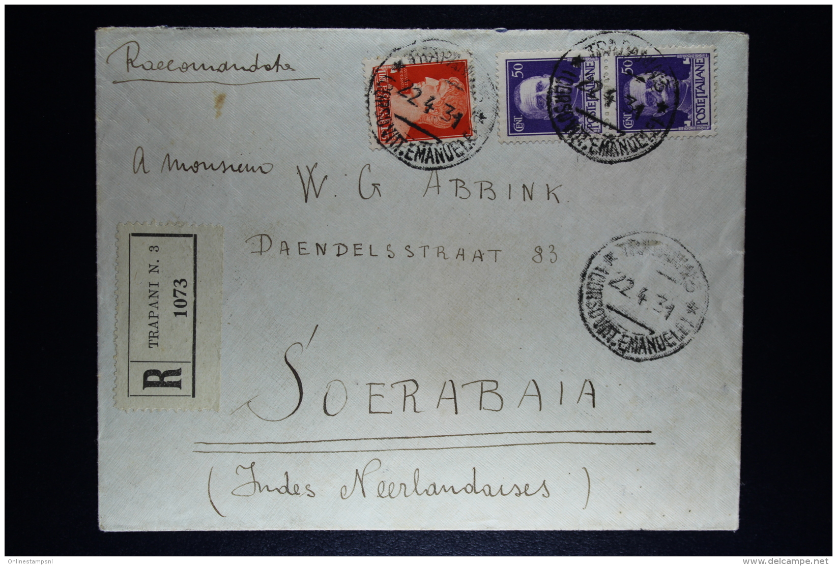 Italy: Registered Cover Trapani   To Soerabaja Dutch East Indies Mixed Stamps  1 Pair.  Nice Cancels - Storia Postale