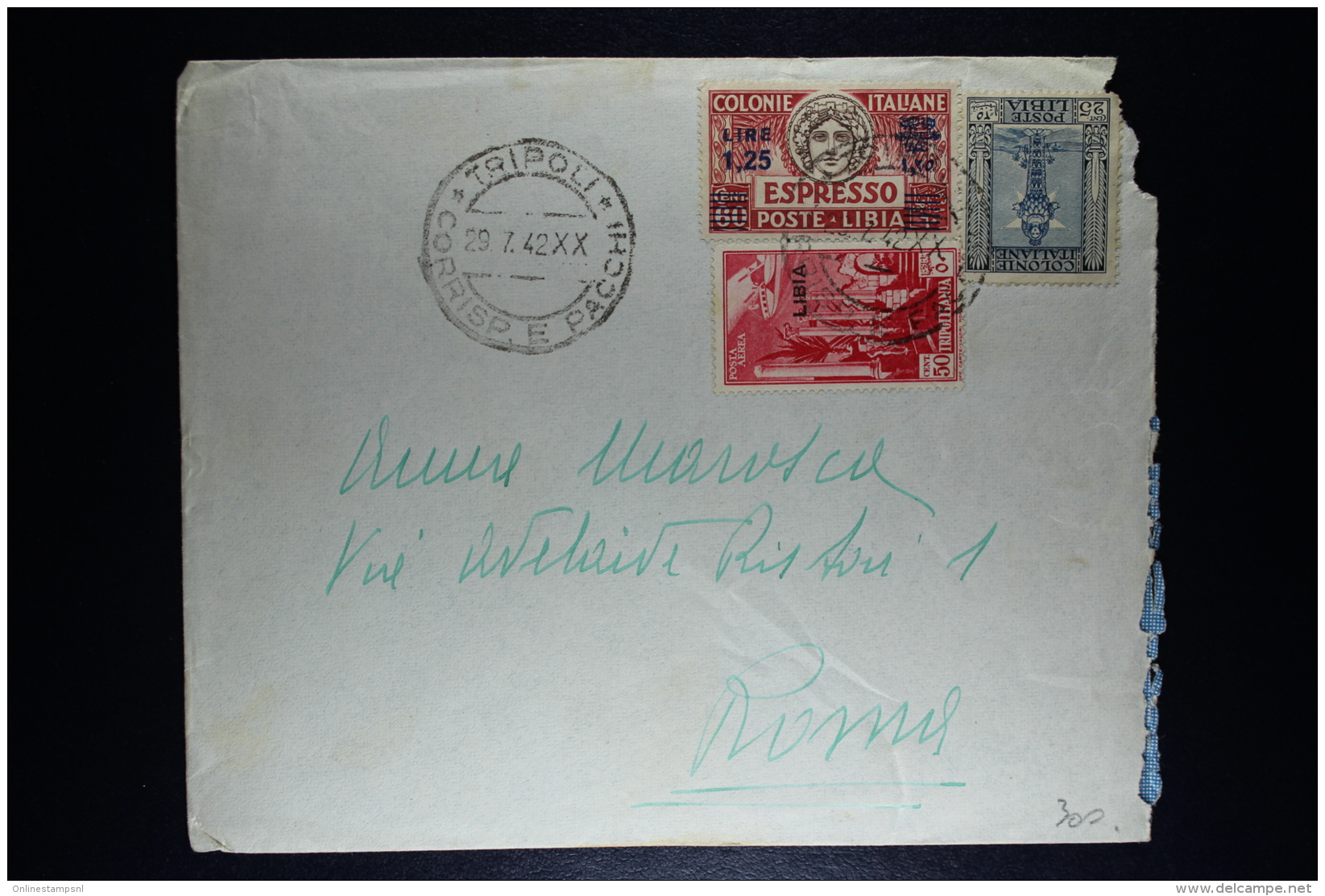 Libia:  Cover Tripoli To Roma  1942 Sa E 17 Espresso - Libya