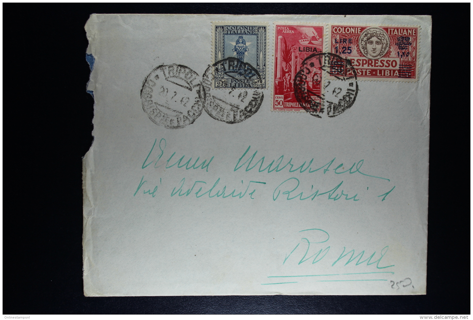 Libia:  Cover Tripoli To Roma  1942 Sa E 17 Espresso + Agenzia Label At Back - Libya