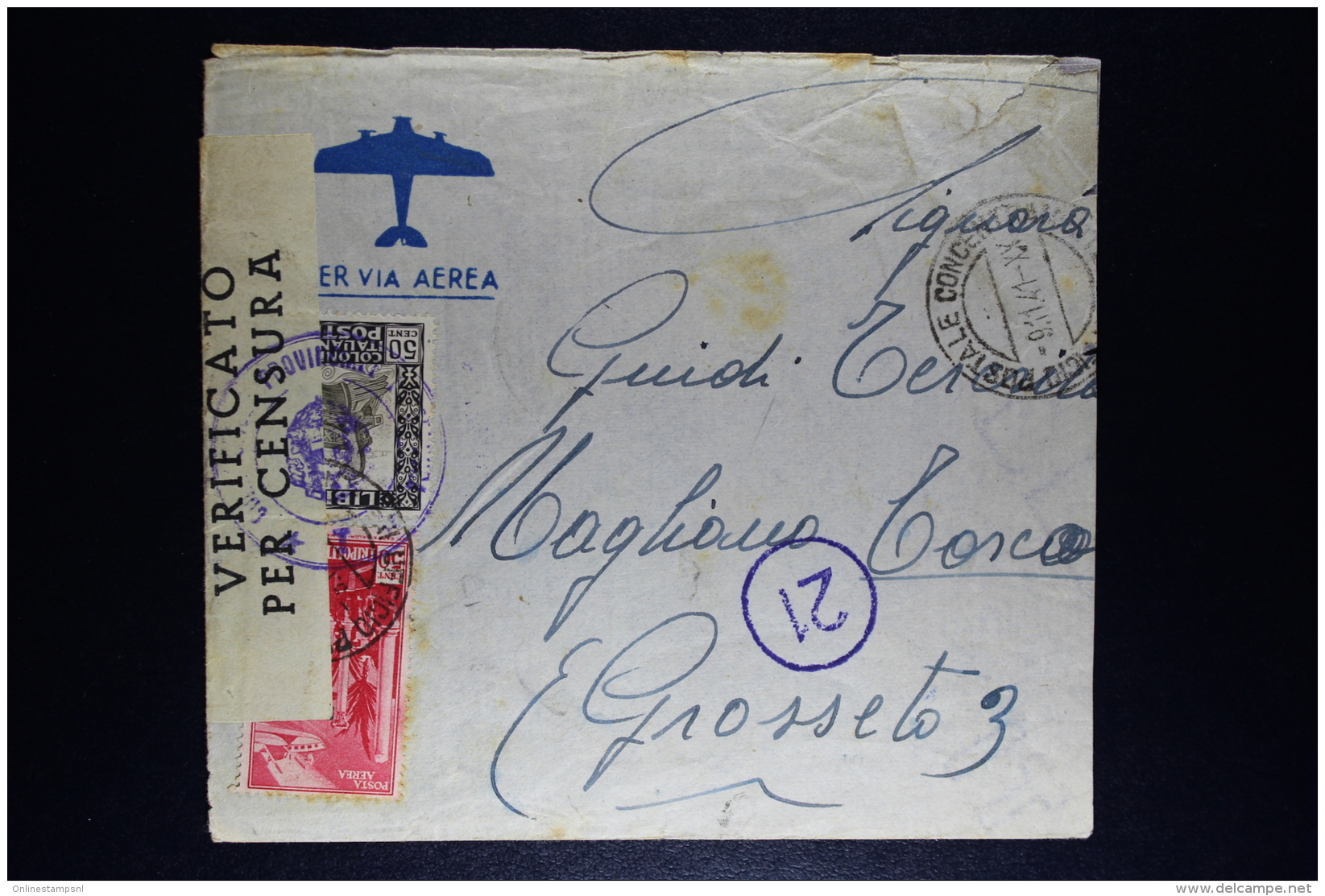 Libia:  Cover To Grosseto  1941 Censor Cancels And Strip Mixed Stamps Right Side Cut Of - Libië