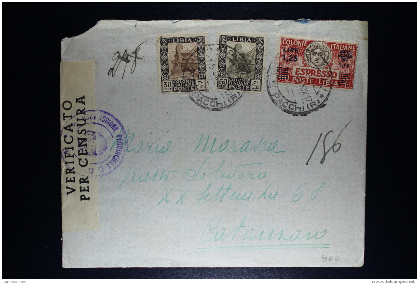 Libia:  Cover Tripoli To Catanzaro  1941 Censor Cancels And Strip Mixed Stamps Sa E 17 Espresso - Libya