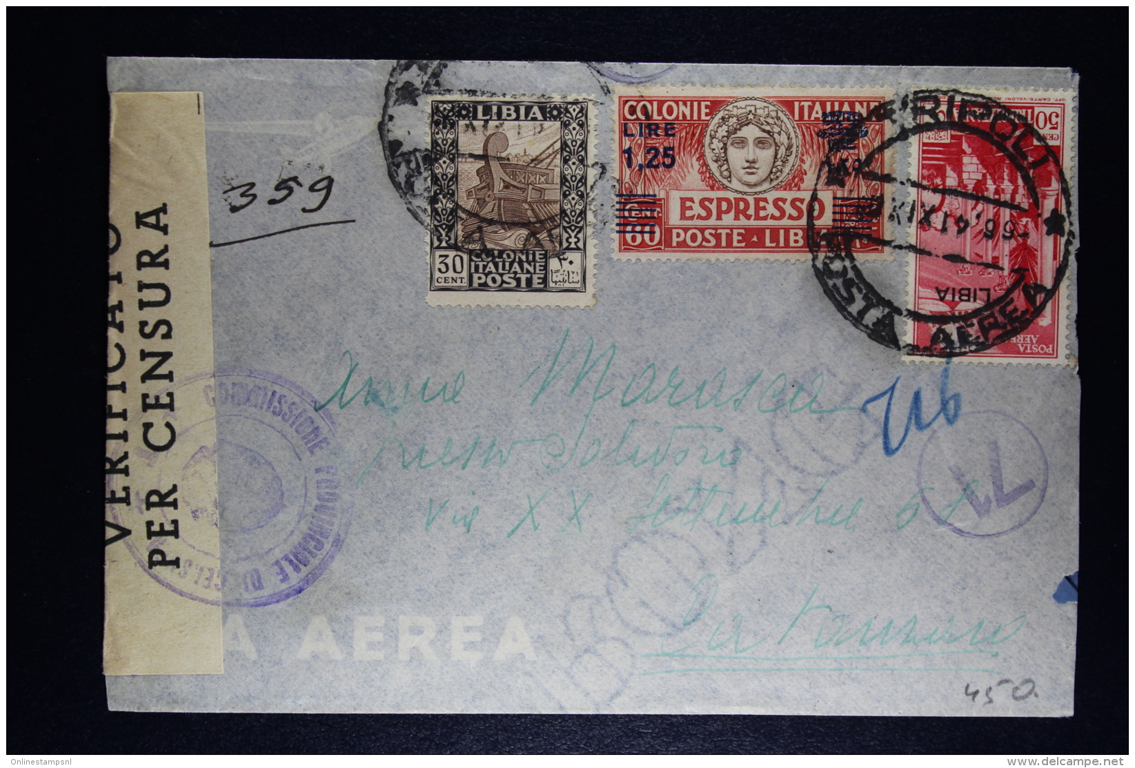 Libia:  Cover Tripoli To Catanzaro  1941 Censor Cancels And Strip Mixed Stamps Sa E 17 Espresso - Libya