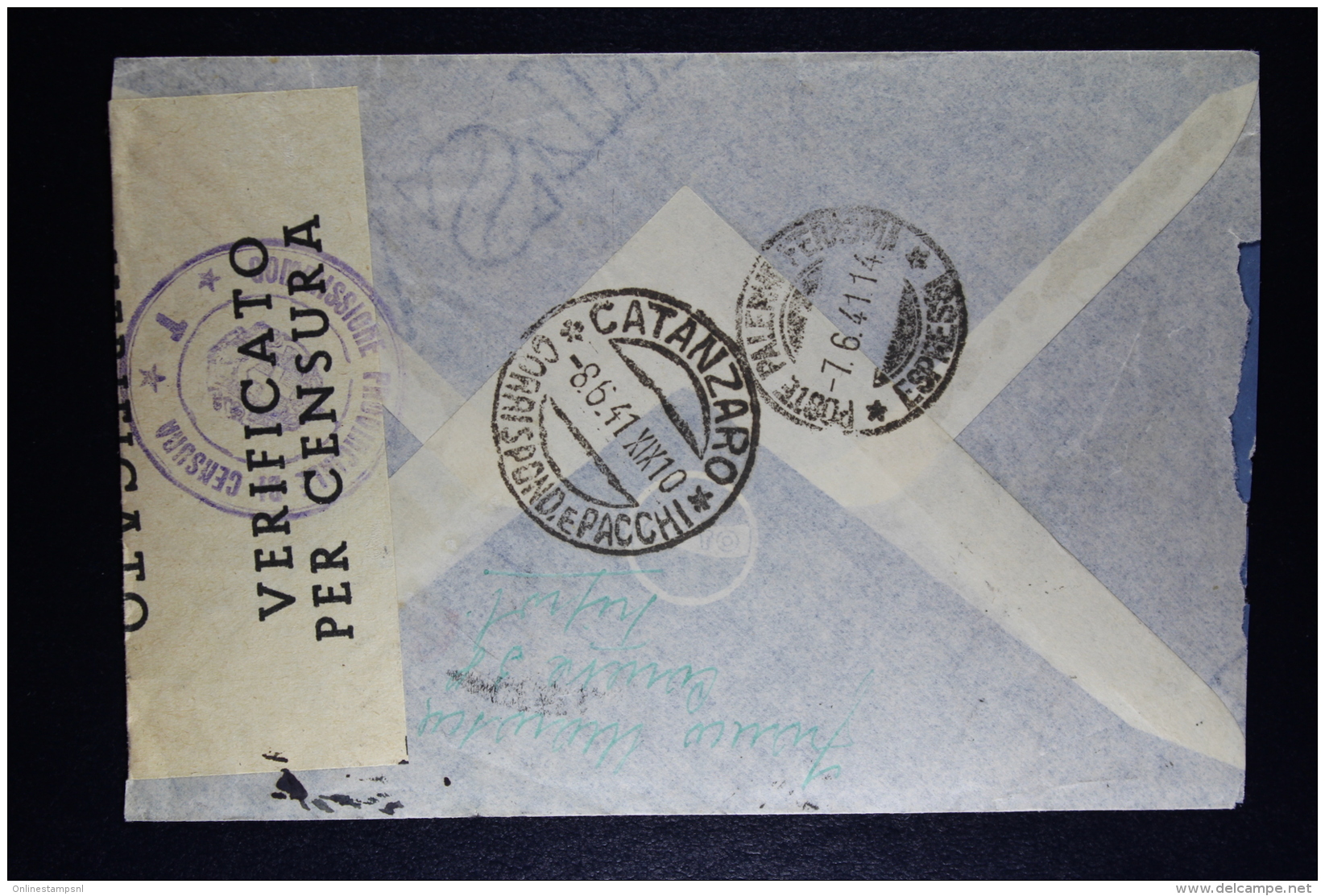 Libia:  Cover Tripoli To Catanzaro  1941 Censor Cancels And Strip Mixed Stamps Sa E 17 Espresso - Libya