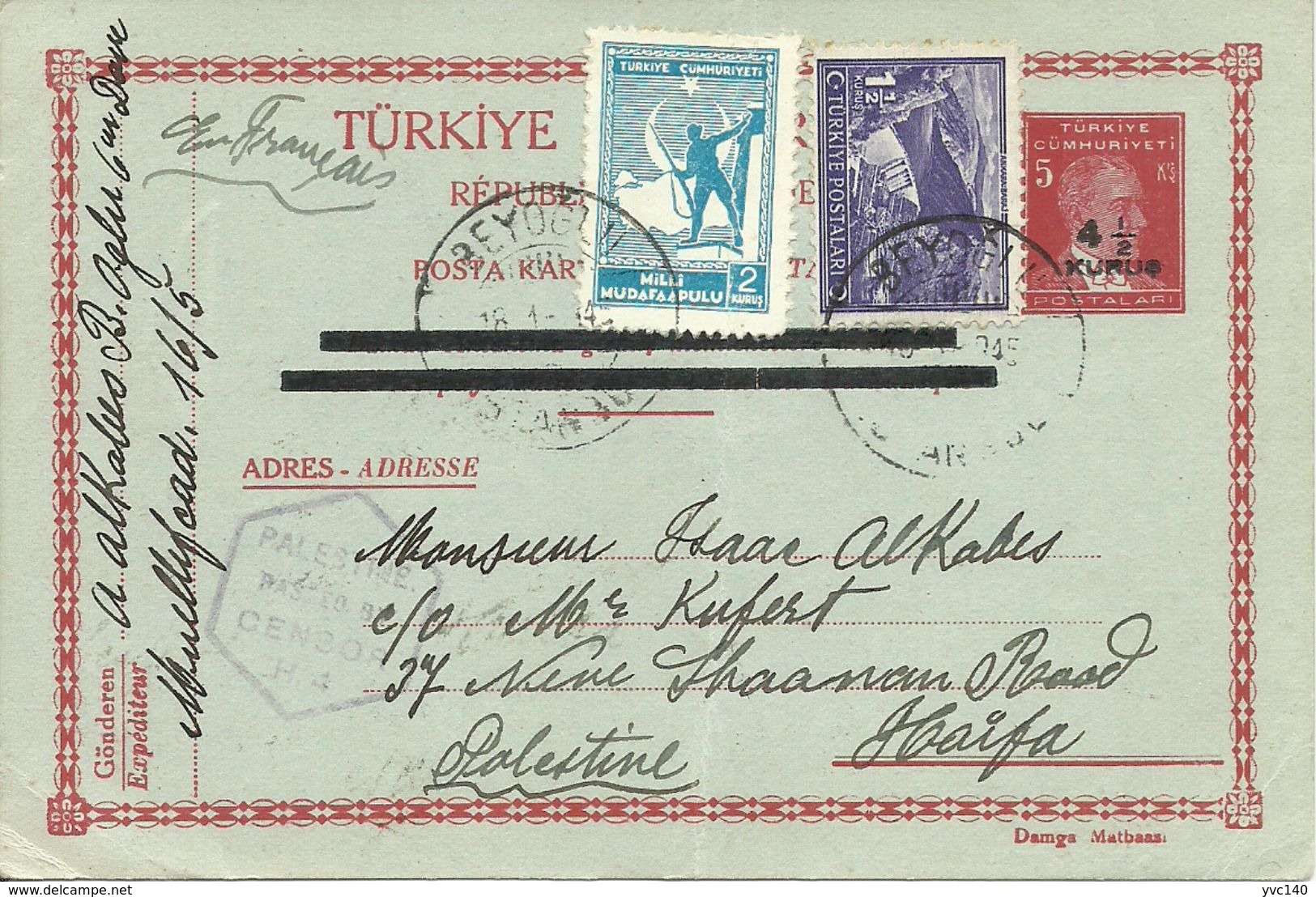 Turkey; 1944 Postal Stationery Sent To Haifa With The Palestine British Mandate Censor Cachet RRR - Ganzsachen