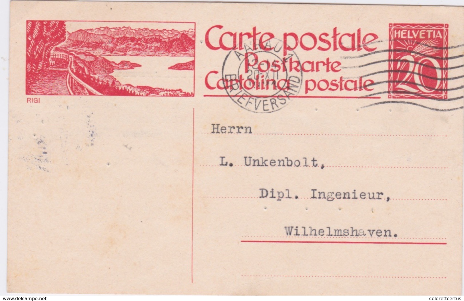 Switzerland-1924 20 Cents Red "Tourist Series" Postal Stationery Postcard Aarau Cover To Germany. - Interi Postali