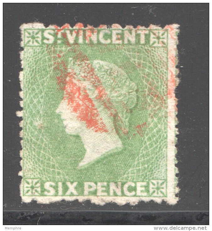 1877 Victoria 6d. Pale Green Perf 15 N Ice Red Killer Cancel  Used  SG 23 - St.Vincent (...-1979)