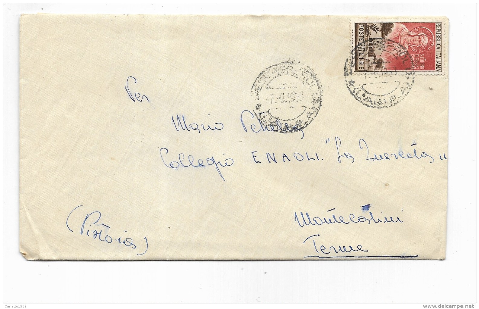 Repubblica Lire 25 Santa Chiara D'assisi 1953  Su Busta - 1946-60: Poststempel