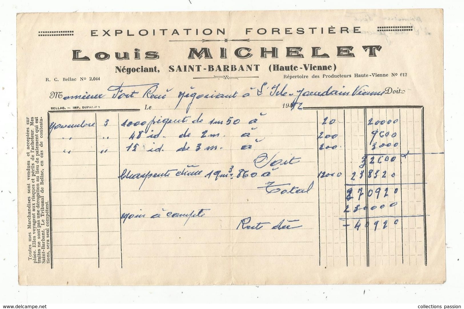 Facture  , Exploitation Forestière , L. Michelet , Négociant , SAINT BARBANT , Haute Vienne ,1952, Frais Fr : 1.45 E - 1950 - ...