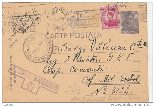 KING MICHAEL, CENSORED BUCHAREST 582/B1, POST OFFICE NR 3122, WW2, PC STATIONERY, ENTIER POSTAL, 1944, ROMANIA - Lettres & Documents