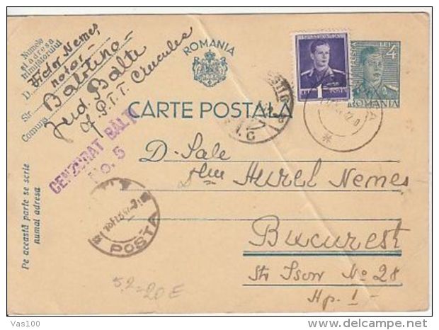 KING MICHAEL STAMPS, CENSORED BALTI NR 5, WW2, PC STATIONERY, ENTIER POSTAL, 1942, ROMANIA - Brieven En Documenten