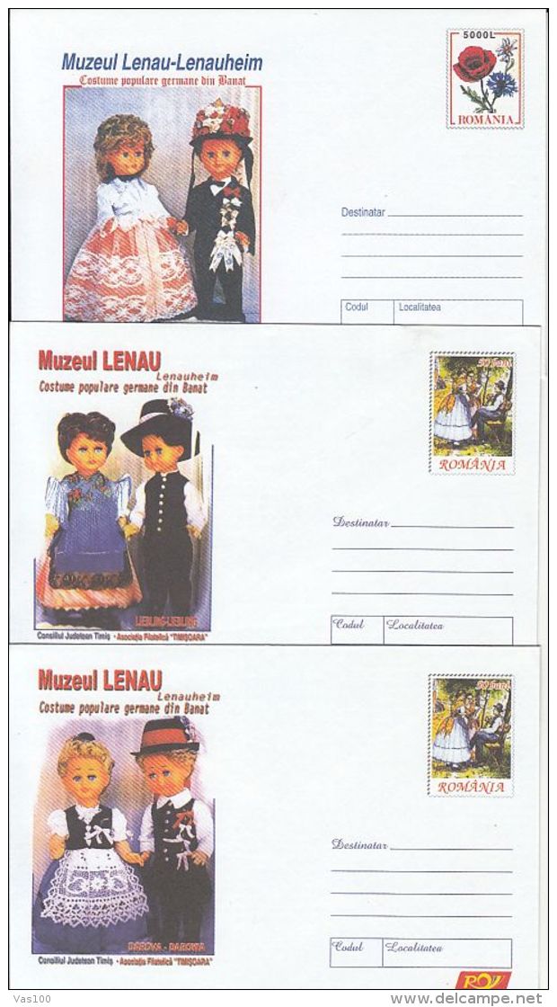 CHILDRENS, DOLLS, TIMISOARA LENAU MUSEUM, FOLKLORE COSTUMES, COVER STATIONERY, ENTIER POSTAL, 3X, 2006, ROMANIA - Puppen